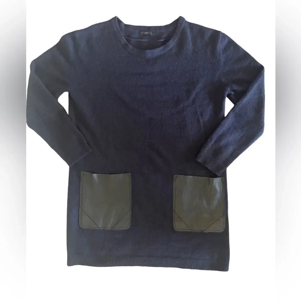COS oversized navy blue mini dress sweater w black faux leather pockets sz M - Picture 6 of 14